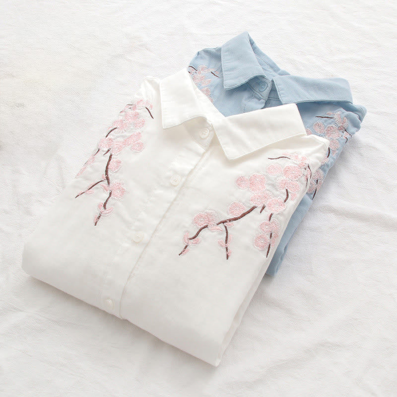 Nimara Ritual Fall Pink Plum Blossoms Embroidery Buttons Women's Cotton Long Sleeve Shirt