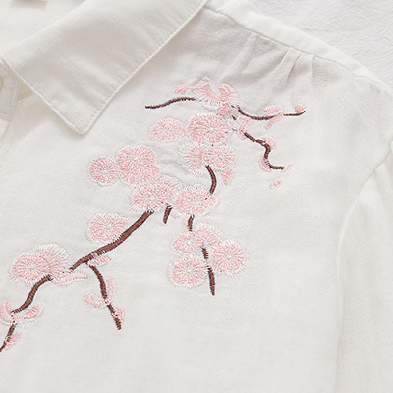 Nimara Ritual Fall Pink Plum Blossoms Embroidery Buttons Women's Cotton Long Sleeve Shirt
