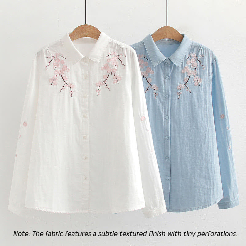 Nimara Ritual Fall Pink Plum Blossoms Embroidery Buttons Women's Cotton Long Sleeve Shirt