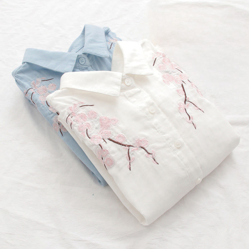 Nimara Ritual Fall Pink Plum Blossoms Embroidery Buttons Women's Cotton Long Sleeve Shirt