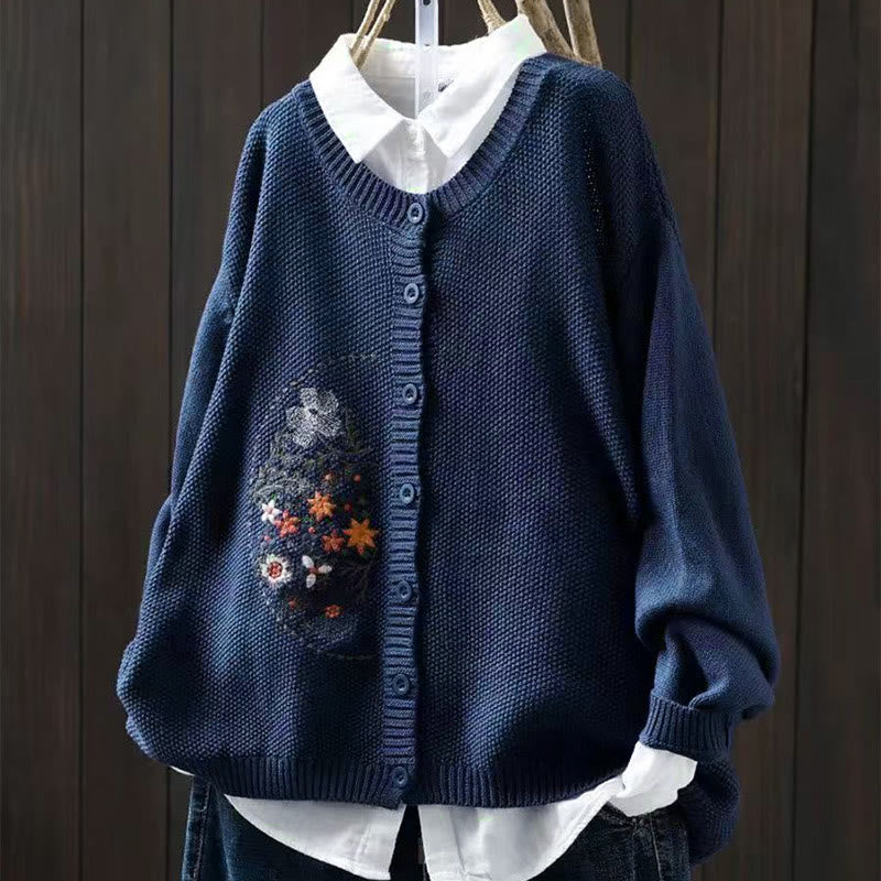 Nimara Ritual Floral Embroidery Buttons Cotton Women's Long Sleeve Knitted Cardigan Sweater