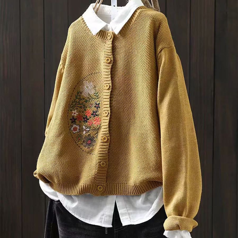 Nimara Ritual Floral Embroidery Buttons Cotton Women's Long Sleeve Knitted Cardigan Sweater
