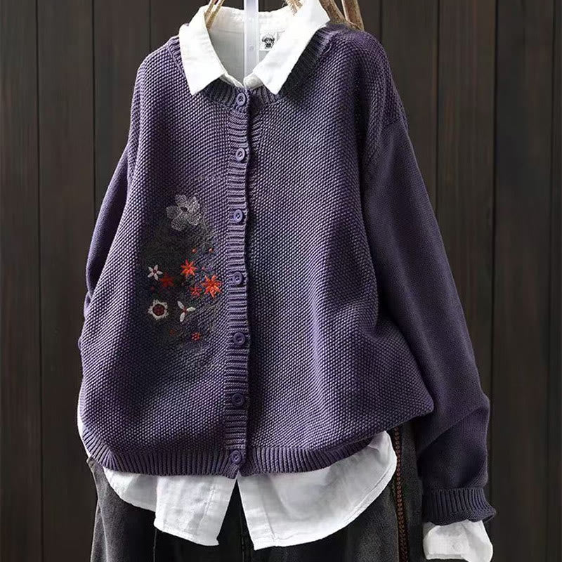 Nimara Ritual Floral Embroidery Buttons Cotton Women's Long Sleeve Knitted Cardigan Sweater