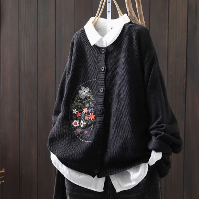 Nimara Ritual Floral Embroidery Buttons Cotton Women's Long Sleeve Knitted Cardigan Sweater