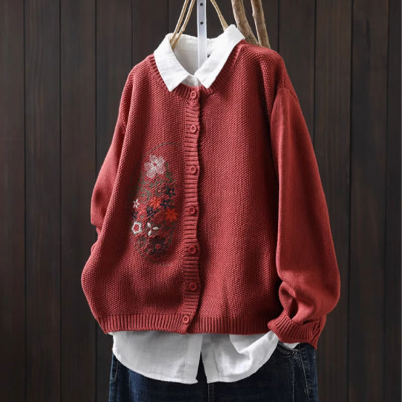 Nimara Ritual Floral Embroidery Buttons Cotton Women's Long Sleeve Knitted Cardigan Sweater
