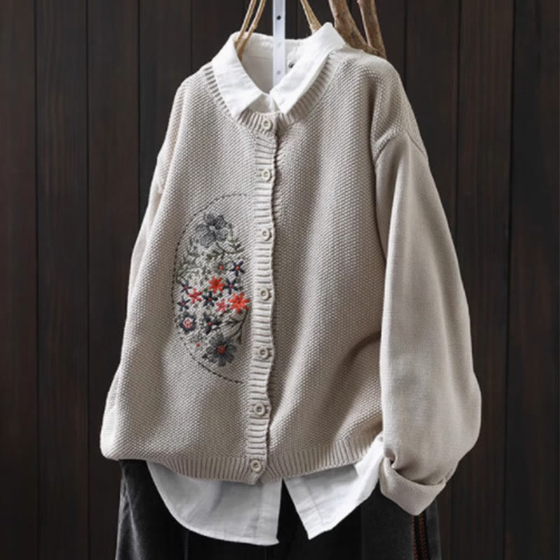 Nimara Ritual Floral Embroidery Buttons Cotton Women's Long Sleeve Knitted Cardigan Sweater
