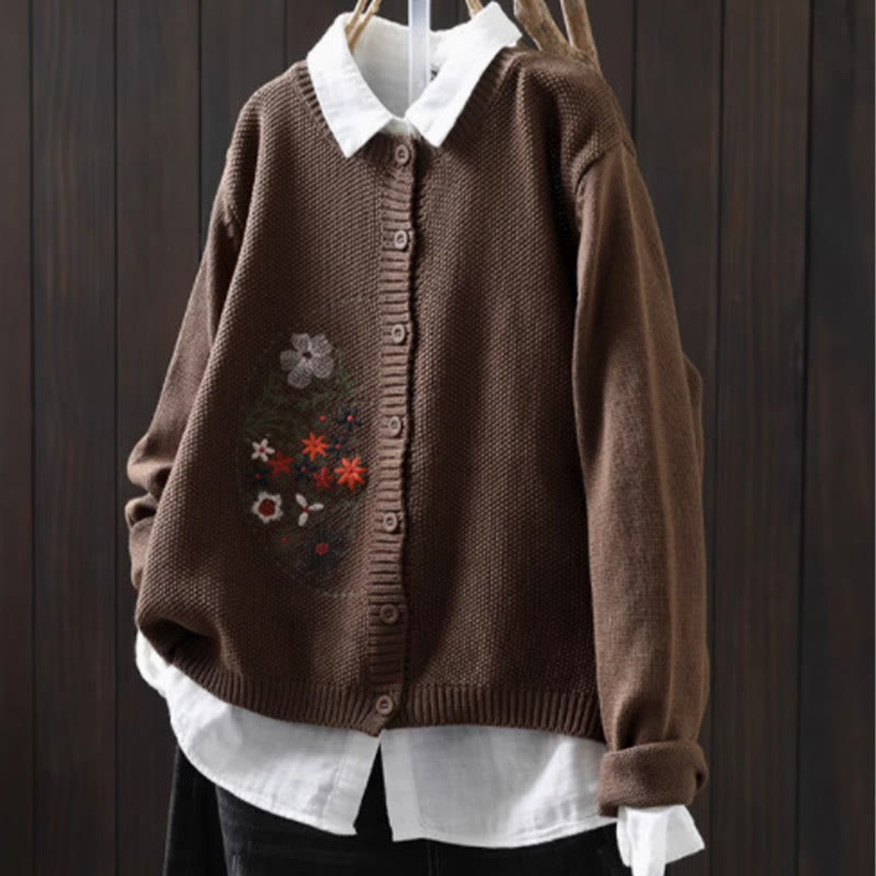 Nimara Ritual Floral Embroidery Buttons Cotton Women's Long Sleeve Knitted Cardigan Sweater