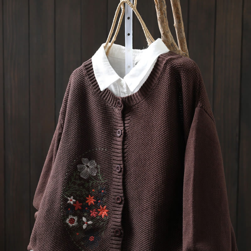 Nimara Ritual Floral Embroidery Buttons Cotton Women's Long Sleeve Knitted Cardigan Sweater