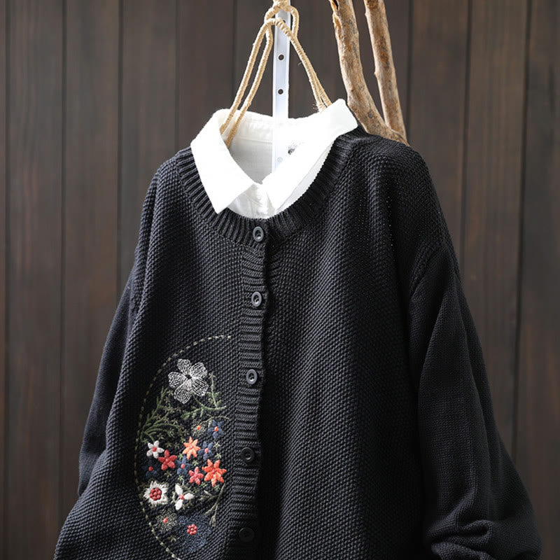 Nimara Ritual Floral Embroidery Buttons Cotton Women's Long Sleeve Knitted Cardigan Sweater
