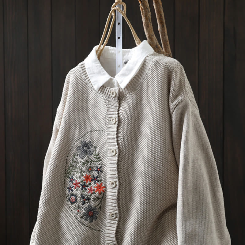 Nimara Ritual Floral Embroidery Buttons Cotton Women's Long Sleeve Knitted Cardigan Sweater