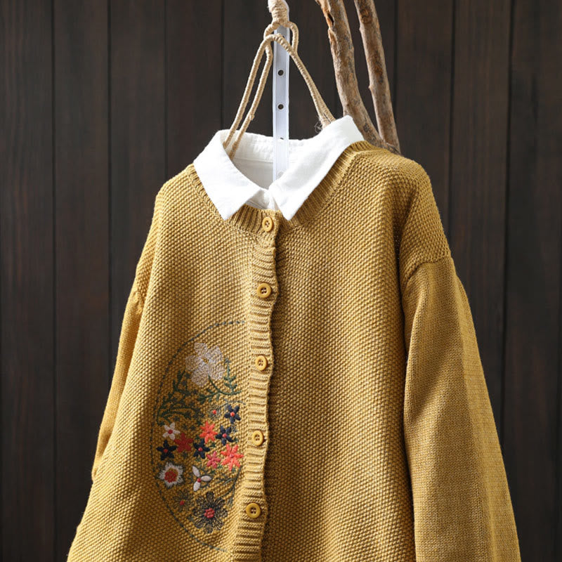 Nimara Ritual Floral Embroidery Buttons Cotton Women's Long Sleeve Knitted Cardigan Sweater