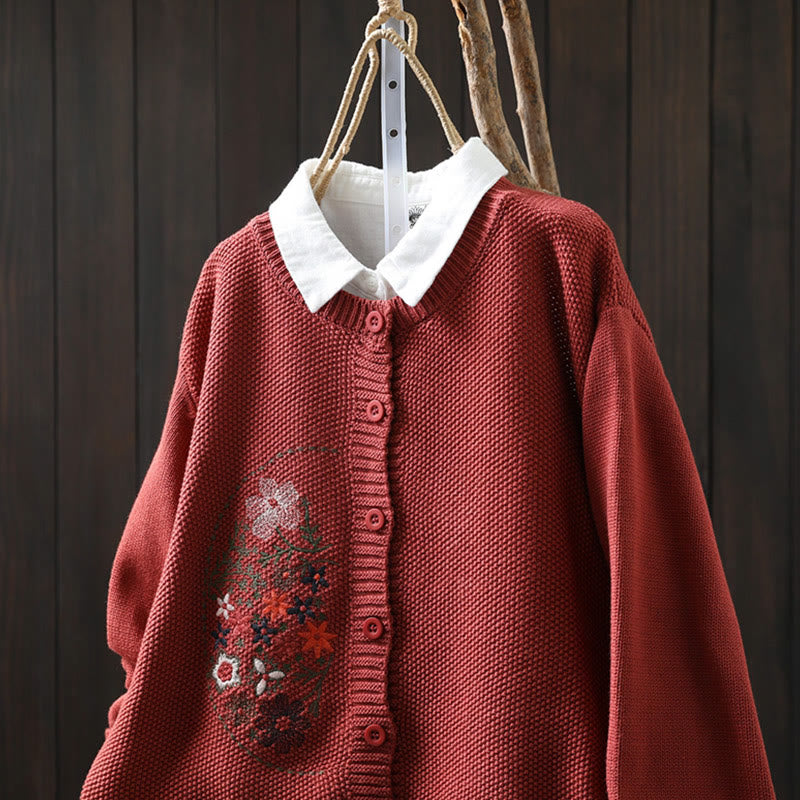 Nimara Ritual Floral Embroidery Buttons Cotton Women's Long Sleeve Knitted Cardigan Sweater