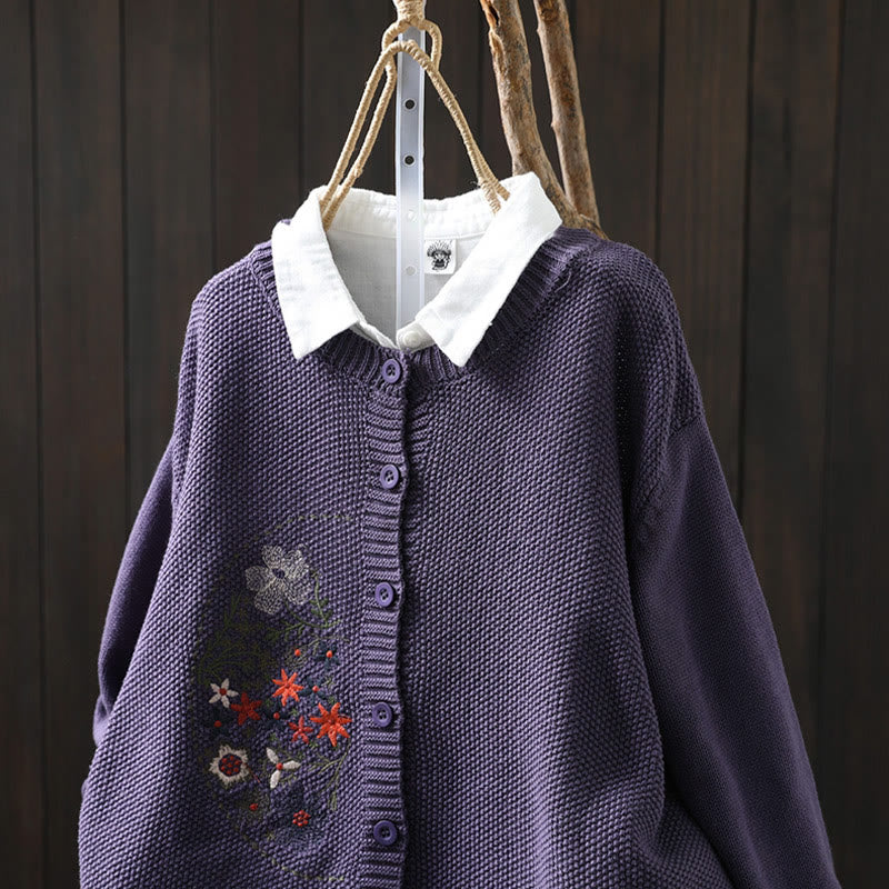 Nimara Ritual Floral Embroidery Buttons Cotton Women's Long Sleeve Knitted Cardigan Sweater