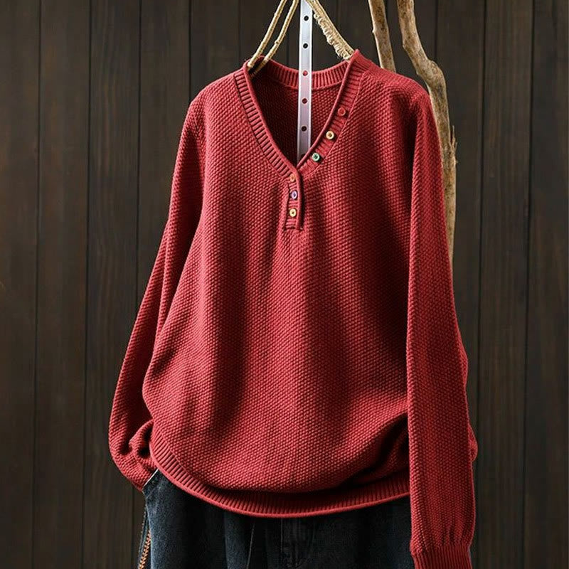 Nimara Ritual Fall Colorful Buttons V-Neck Cotton Women's Long Sleeve Knitted Sweater