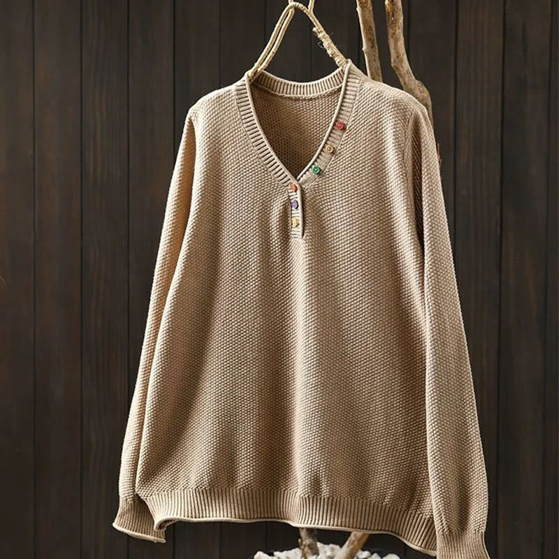 Nimara Ritual Fall Colorful Buttons V-Neck Cotton Women's Long Sleeve Knitted Sweater