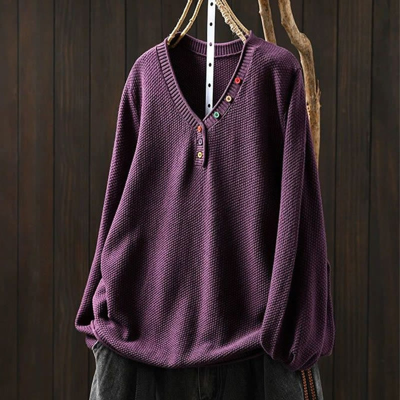 Nimara Ritual Fall Colorful Buttons V-Neck Cotton Women's Long Sleeve Knitted Sweater