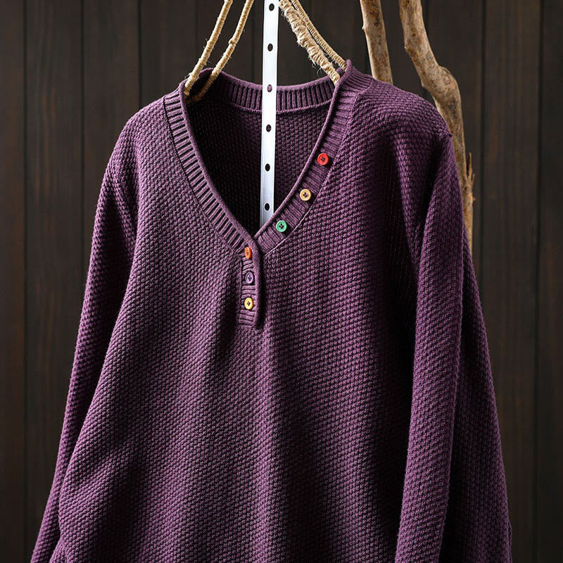 Nimara Ritual Fall Colorful Buttons V-Neck Cotton Women's Long Sleeve Knitted Sweater