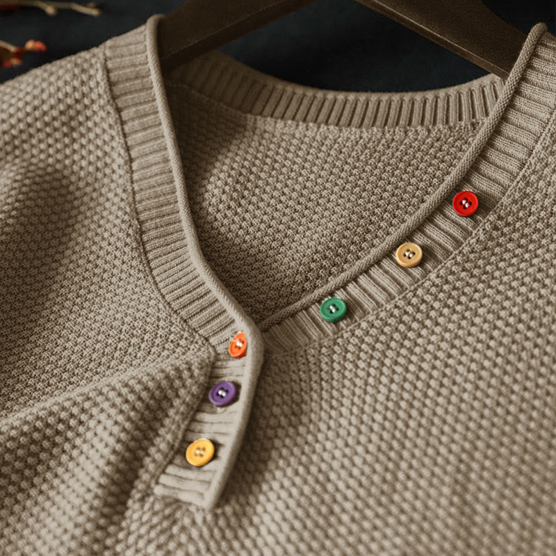 Nimara Ritual Fall Colorful Buttons V-Neck Cotton Women's Long Sleeve Knitted Sweater
