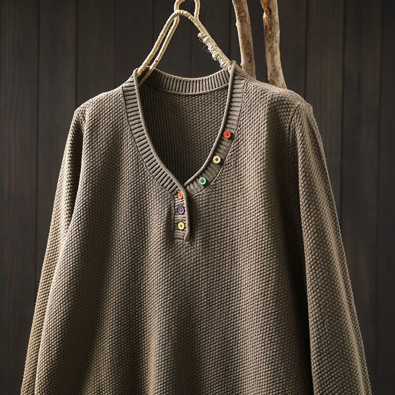 Nimara Ritual Fall Colorful Buttons V-Neck Cotton Women's Long Sleeve Knitted Sweater
