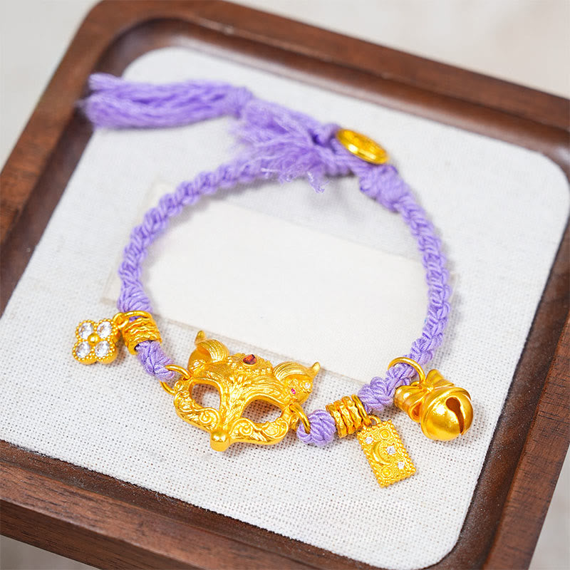 Nimara Ritual 24k Gold Plated Brass Fox Bell Charm Fu Character Woven Purple String Luck Bracelet