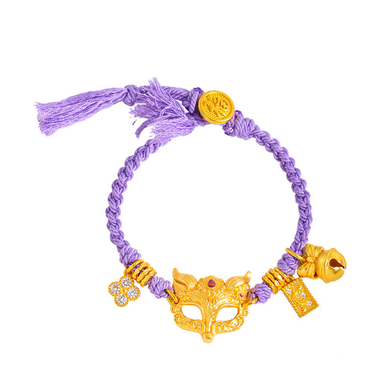Nimara Ritual 24k Gold Plated Brass Fox Bell Charm Fu Character Woven Purple String Luck Bracelet