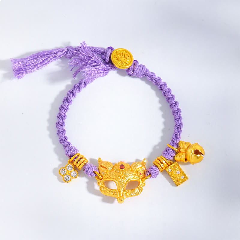 Nimara Ritual 24k Gold Plated Brass Fox Bell Charm Fu Character Woven Purple String Luck Bracelet