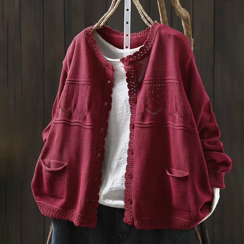 Nimara Ritual Fall Lace Buttons Cotton Women's Long Sleeve Knitted Cardigan Sweater With Pockets