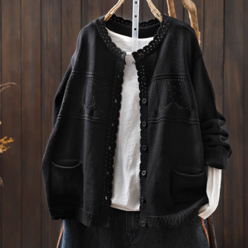 Nimara Ritual Fall Lace Buttons Cotton Women's Long Sleeve Knitted Cardigan Sweater With Pockets