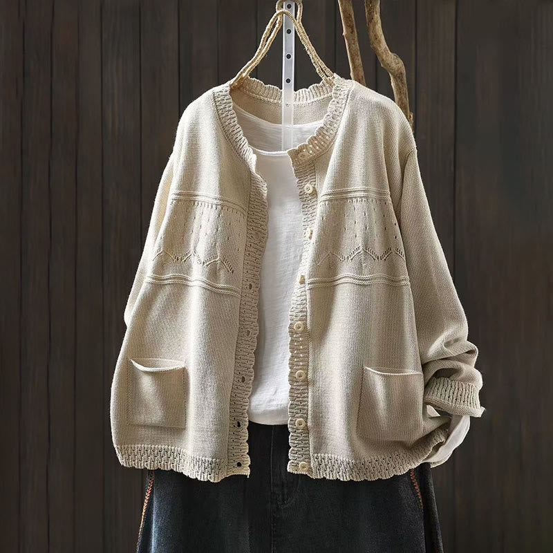 Nimara Ritual Fall Lace Buttons Cotton Women's Long Sleeve Knitted Cardigan Sweater With Pockets