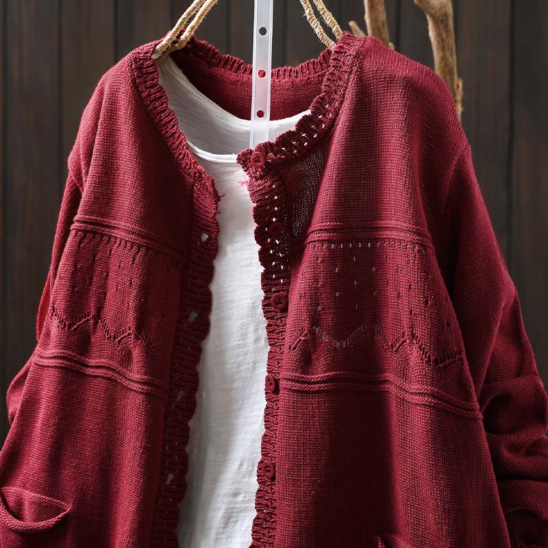 Nimara Ritual Fall Lace Buttons Cotton Women's Long Sleeve Knitted Cardigan Sweater With Pockets