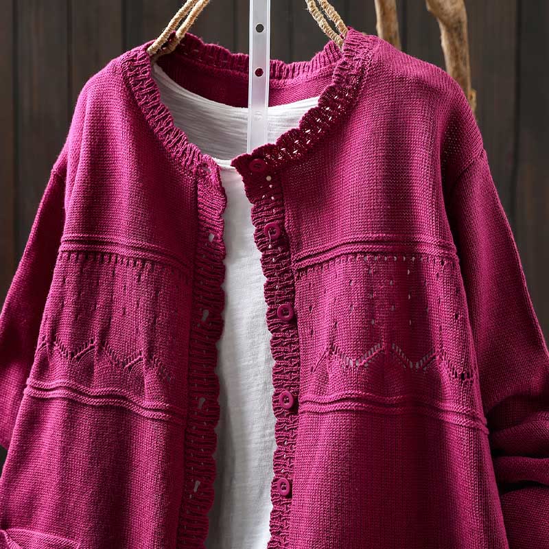 Nimara Ritual Fall Lace Buttons Cotton Women's Long Sleeve Knitted Cardigan Sweater With Pockets