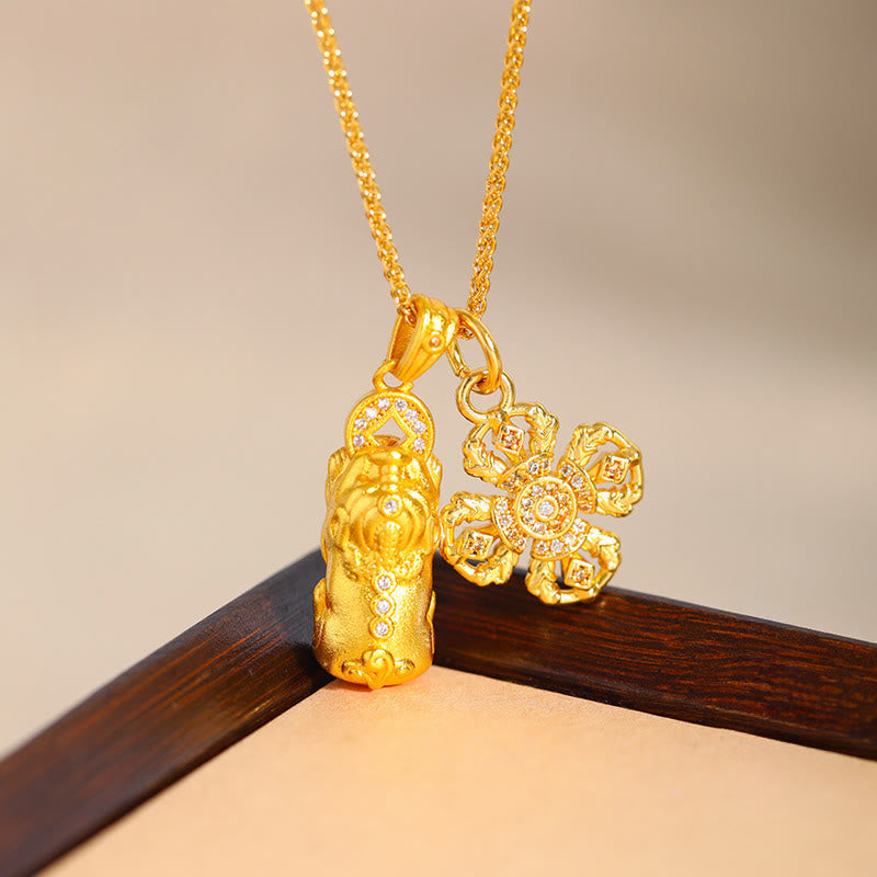 Nimara Ritual 24k Gold Plated Brass Pixiu Cross Dorje Vajra Wealth Chain Pendant Necklace