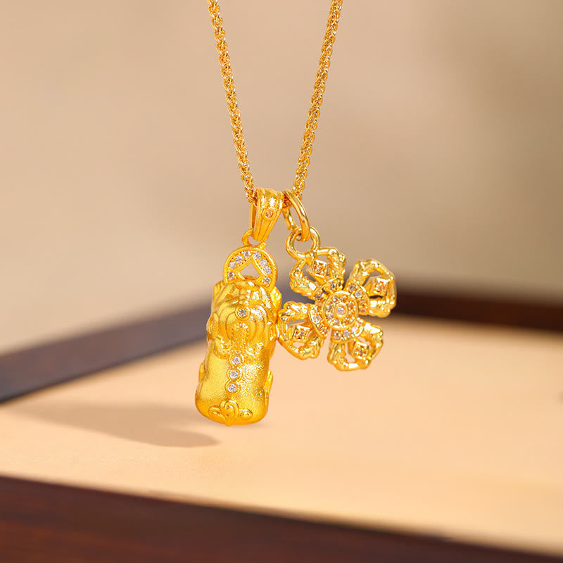 Nimara Ritual 24k Gold Plated Brass Pixiu Cross Dorje Vajra Wealth Chain Pendant Necklace