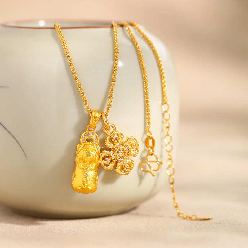 Nimara Ritual 24k Gold Plated Brass Pixiu Cross Dorje Vajra Wealth Chain Pendant Necklace