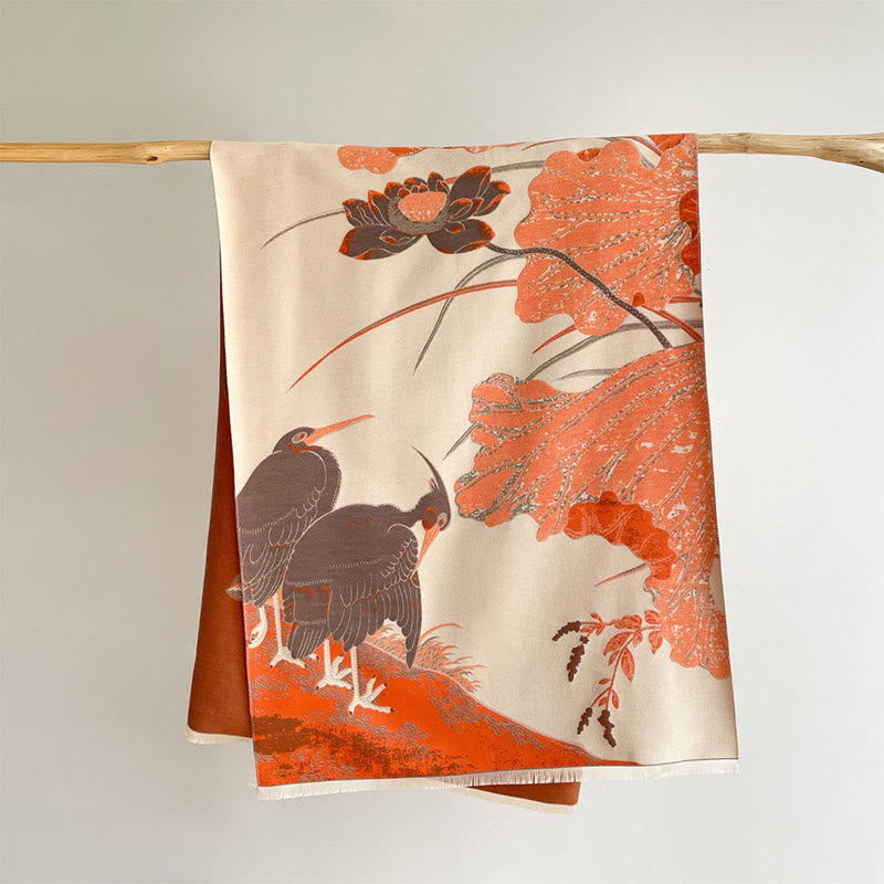 Nimara Ritual Winter Stork Birds Lotus Flowers Leaves Pattern Soft Scarf Shawl