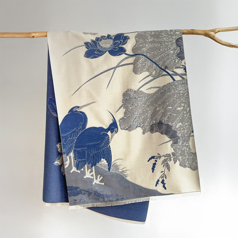 Nimara Ritual Winter Stork Birds Lotus Flowers Leaves Pattern Soft Scarf Shawl