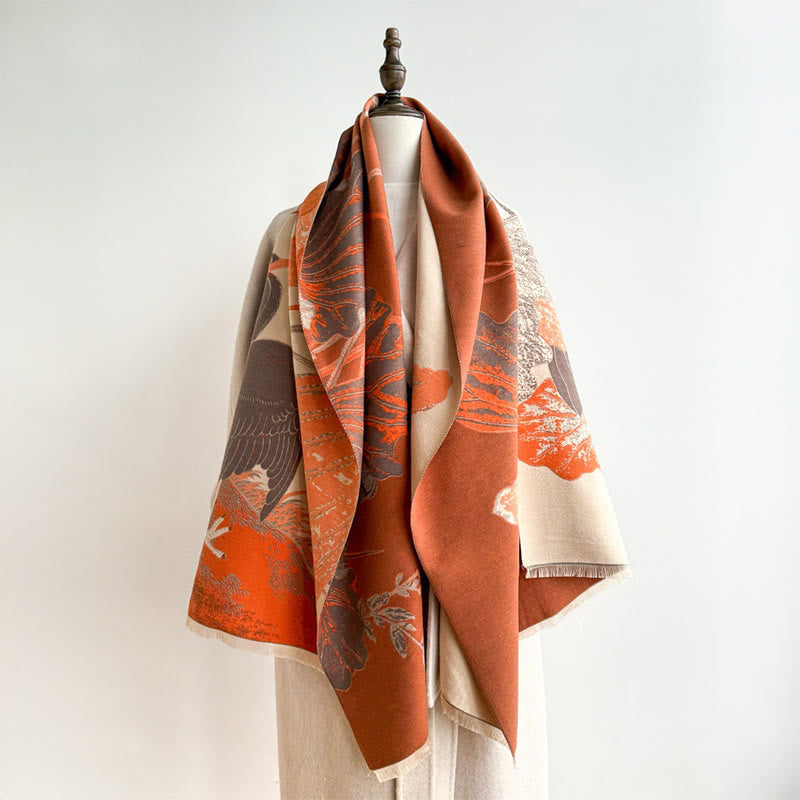 Nimara Ritual Winter Stork Birds Lotus Flowers Leaves Pattern Soft Scarf Shawl