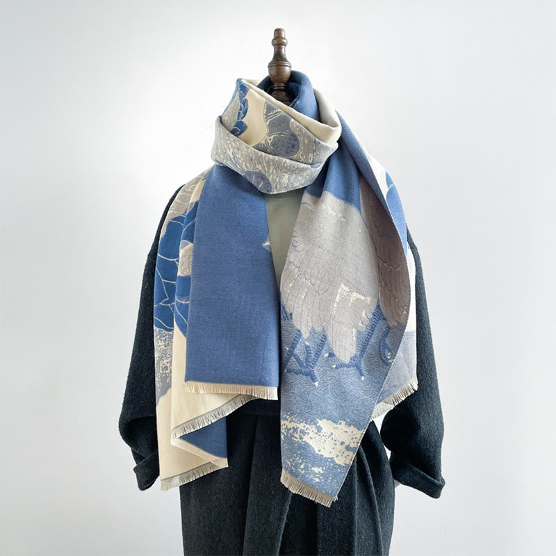 Nimara Ritual Winter Stork Birds Lotus Flowers Leaves Pattern Soft Scarf Shawl