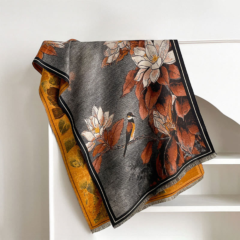 Nimara Ritual Winter White Magnolia Flowers Little Bird Pattern Warm Cozy Scarf Shawl