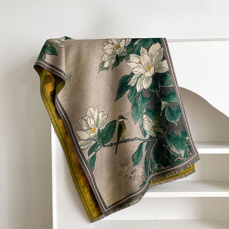 Nimara Ritual Winter White Magnolia Flowers Little Bird Pattern Warm Cozy Scarf Shawl