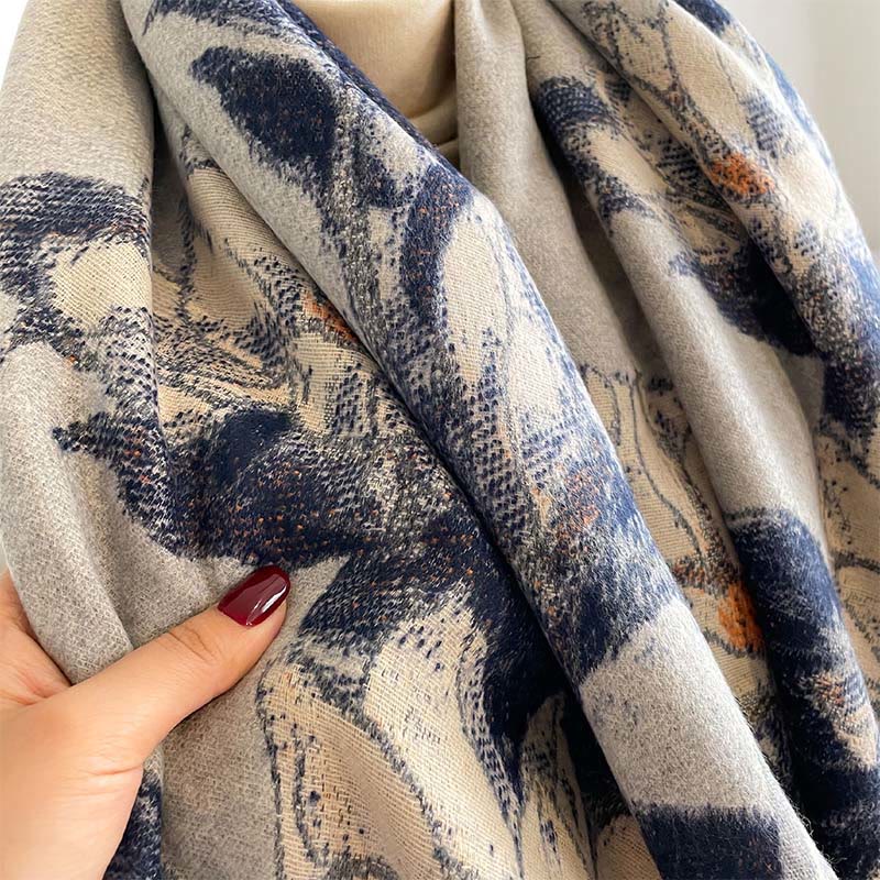 Nimara Ritual Winter White Magnolia Flowers Little Bird Pattern Warm Cozy Scarf Shawl