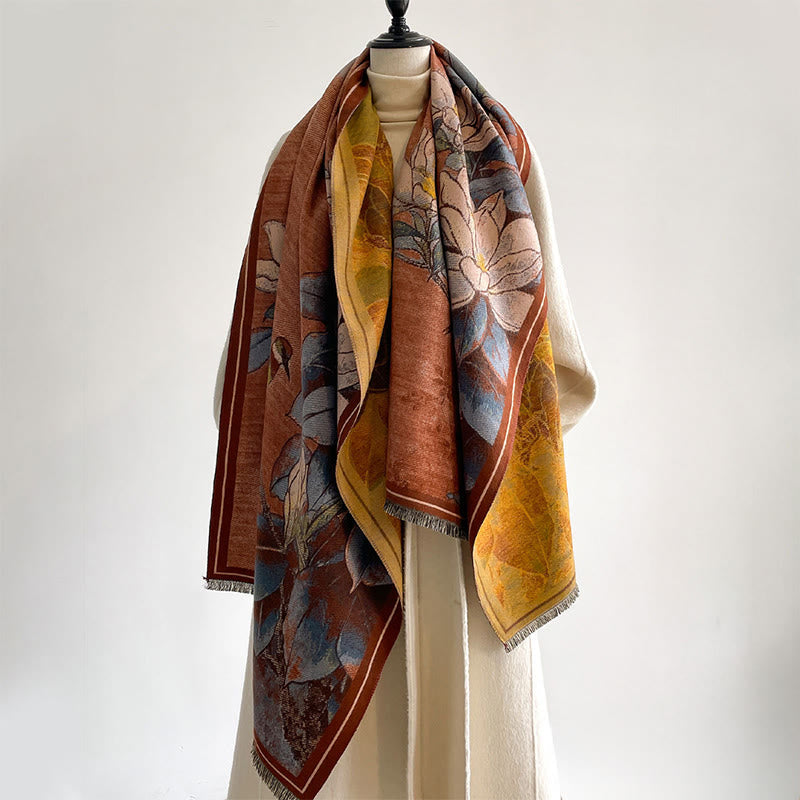 Nimara Ritual Winter White Magnolia Flowers Little Bird Pattern Warm Cozy Scarf Shawl