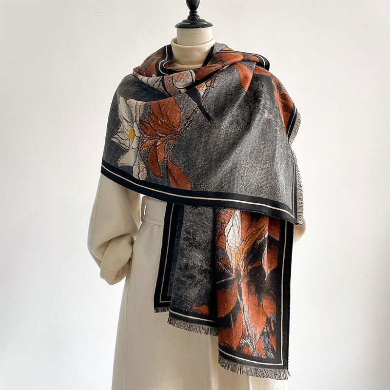 Nimara Ritual Winter White Magnolia Flowers Little Bird Pattern Warm Cozy Scarf Shawl