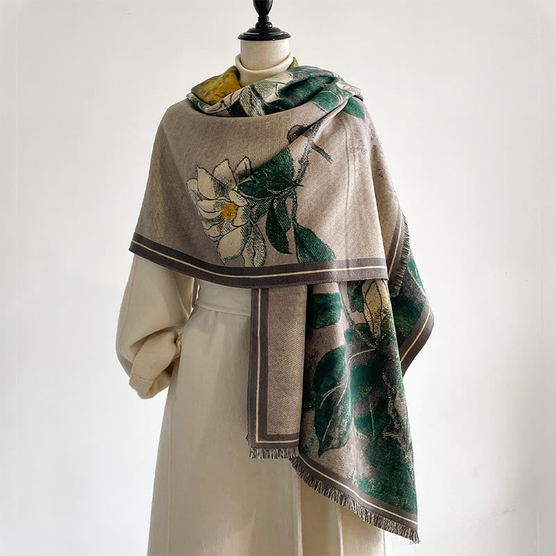 Nimara Ritual Winter White Magnolia Flowers Little Bird Pattern Warm Cozy Scarf Shawl