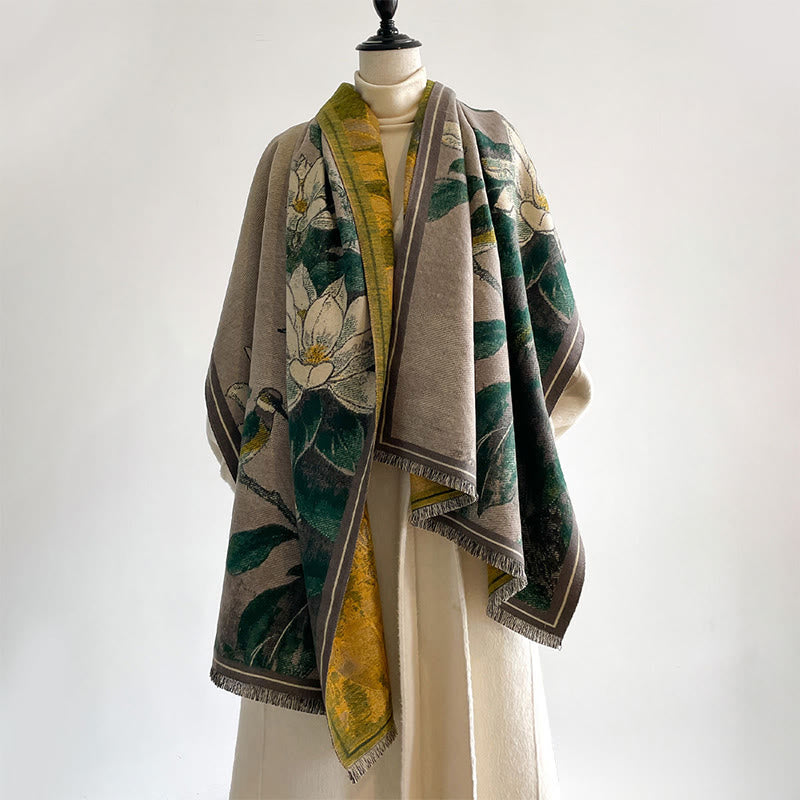 Nimara Ritual Winter White Magnolia Flowers Little Bird Pattern Warm Cozy Scarf Shawl