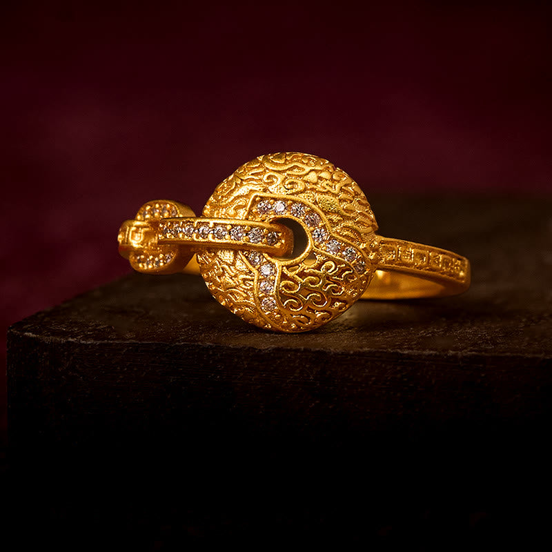 Nimara Ritual 24k Gold Plated Brass Hollow Carved Design Peace Buckle Adjustable Fortune Ring