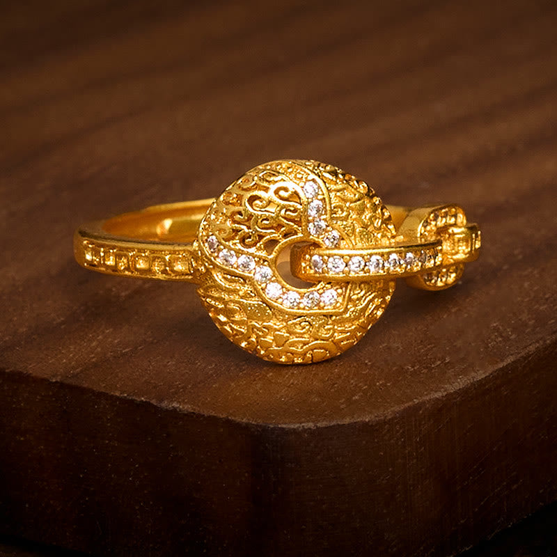 Nimara Ritual 24k Gold Plated Brass Hollow Carved Design Peace Buckle Adjustable Fortune Ring