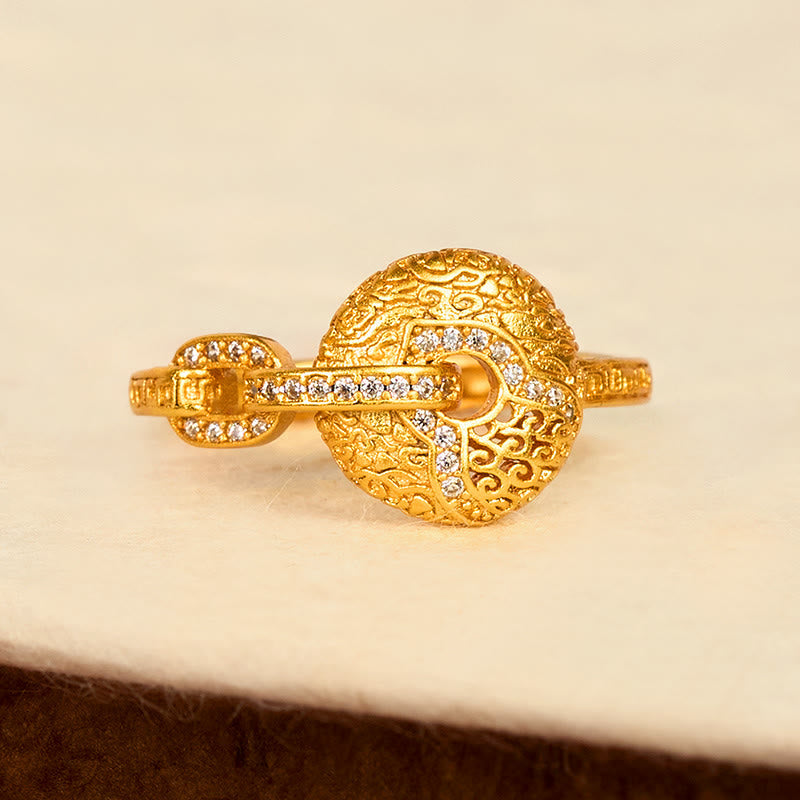 Nimara Ritual 24k Gold Plated Brass Hollow Carved Design Peace Buckle Adjustable Fortune Ring
