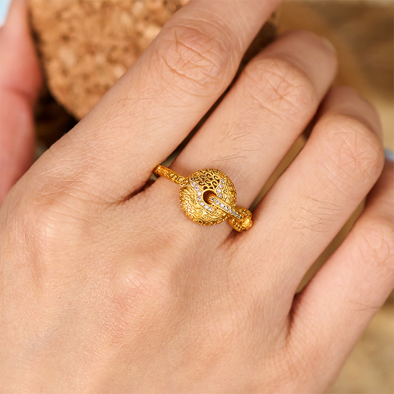Nimara Ritual 24k Gold Plated Brass Hollow Carved Design Peace Buckle Adjustable Fortune Ring