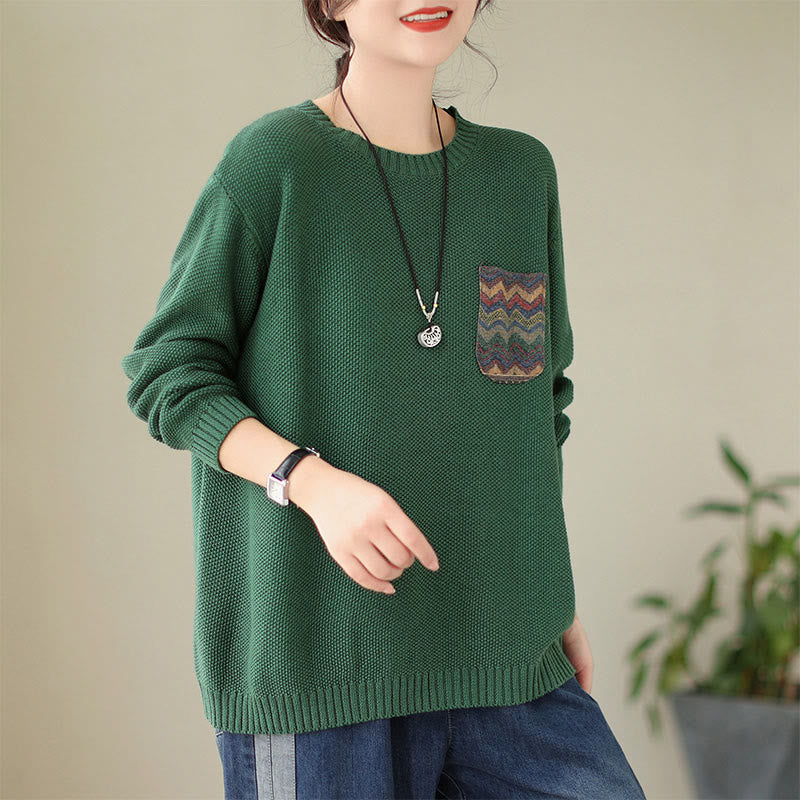 Nimara Ritual Fall Floral Decorative Pocket Pattern Knitted Cotton Women's Long Sleeve Sweater